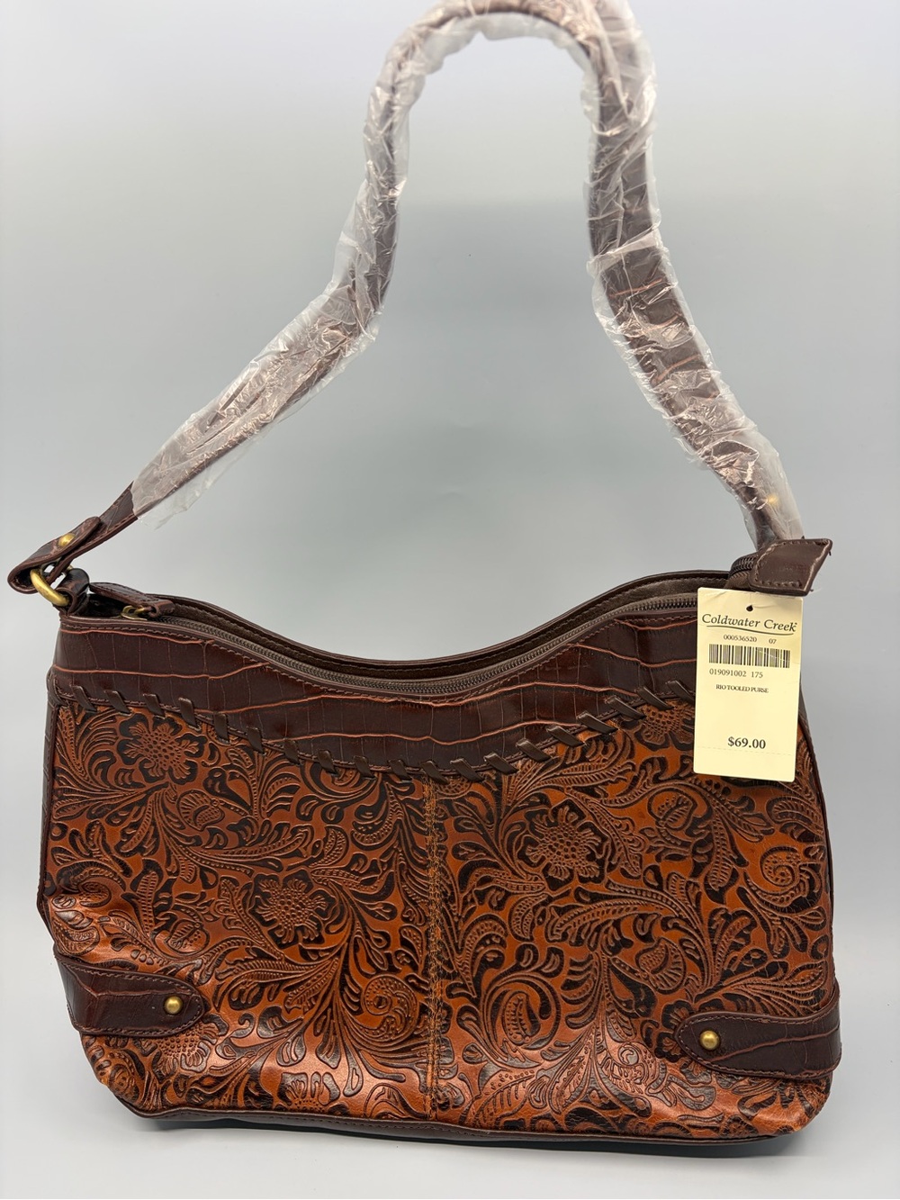 NWT Coldwater Creek Brown Floral Tooled Shoulder Bag Croc Trim Western Boho New